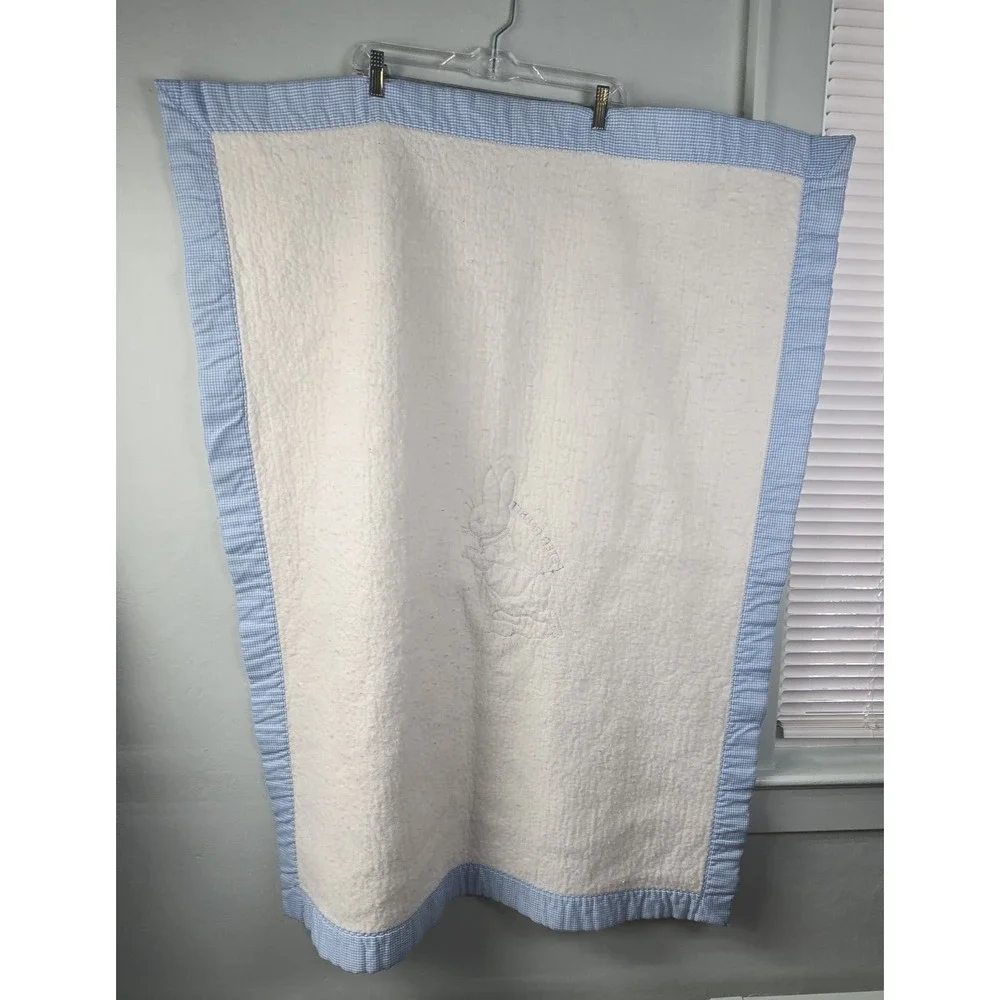 Quiltex Vtg Peter Rabbit Beatrix Blue Applica Throw Blanket Blue‎ Gingham Edge